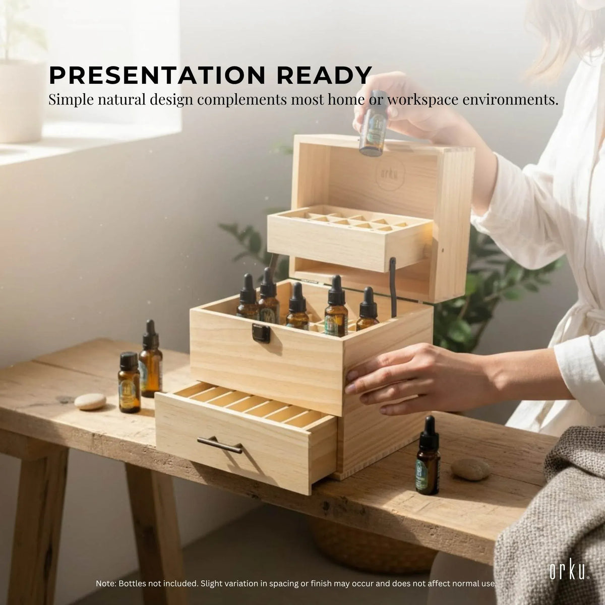 Natural pine wooden essential oil storage box with 59 slots and drawer