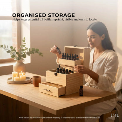 Natural pine wooden essential oil storage box with 59 slots and drawer