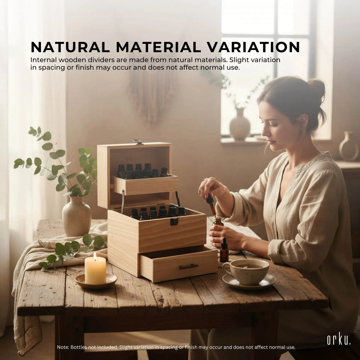 Natural pine wooden essential oil storage box with 59 slots and drawer