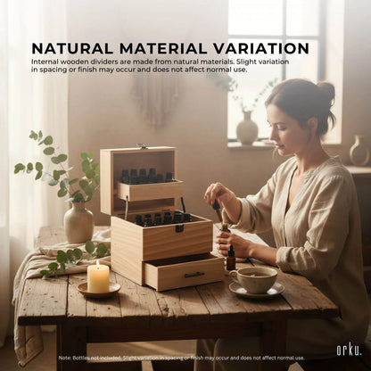 Natural pine wooden essential oil storage box with 59 slots and drawer