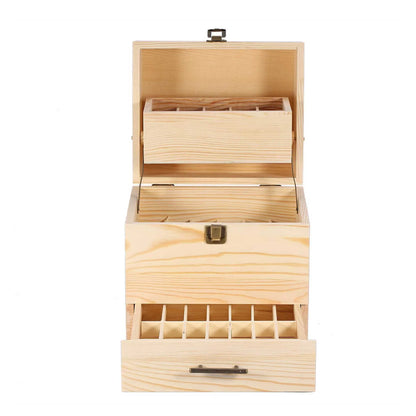 Natural pine wooden essential oil storage box with 59 slots and drawer