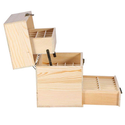 Natural pine wooden essential oil storage box with 59 slots and drawer
