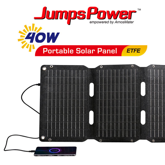Foldable JumpsPower 40W solar panel charger with carry straps and output ports