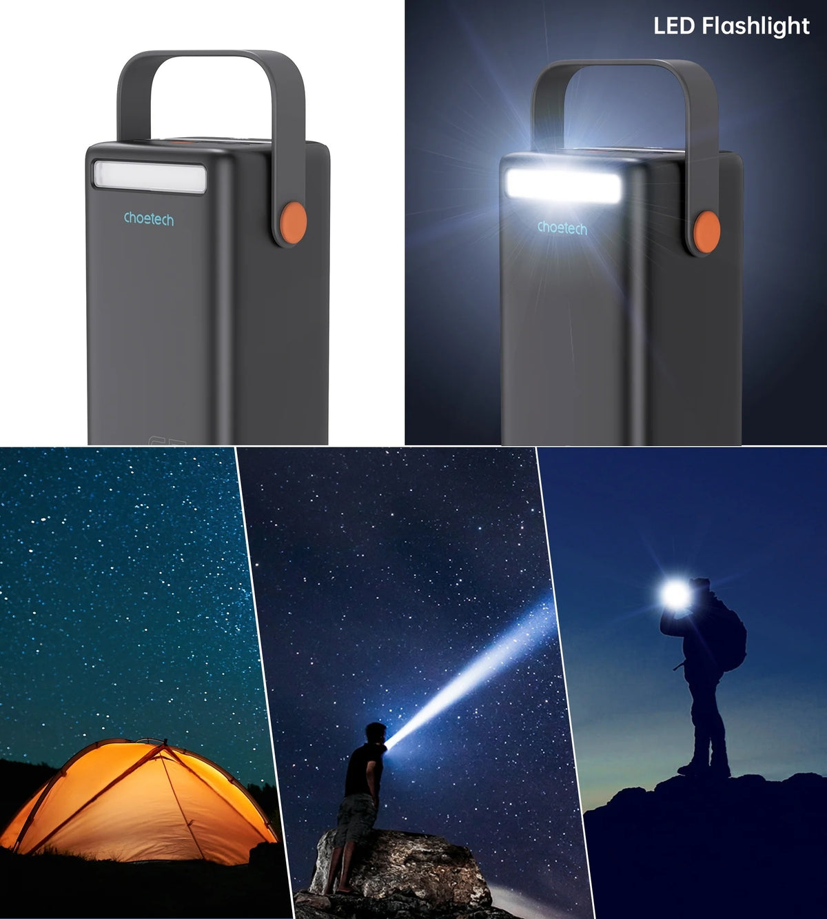 Black CHOETECH power bank with LCD display and built-in LED flashlight