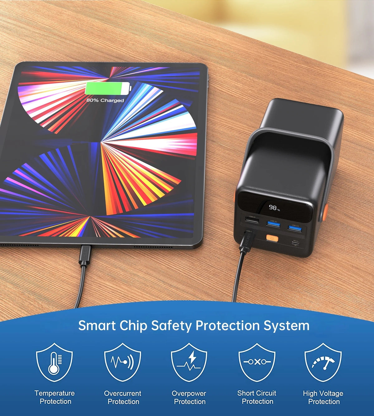 Black CHOETECH power bank with LCD display and built-in LED flashlight