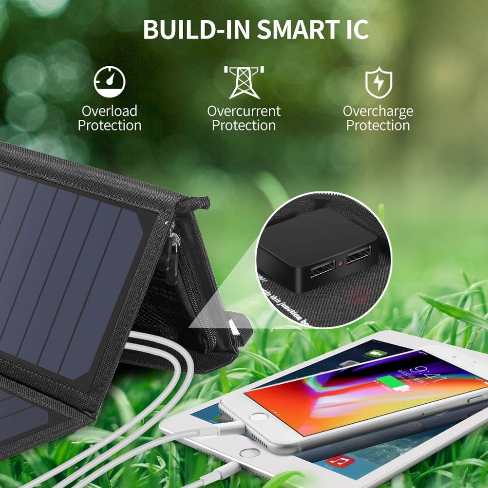 Portable 19W solar panel charger with dual USB output and fold-out panel