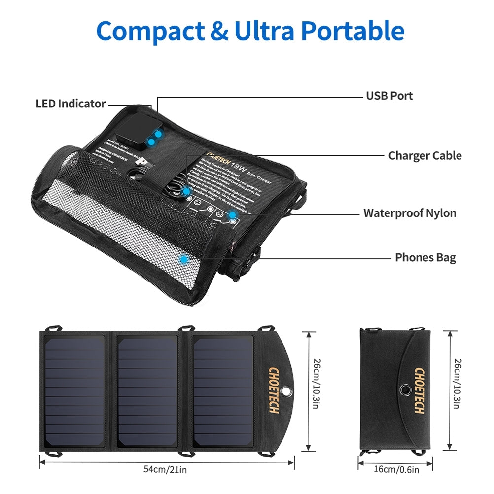 Portable 19W solar panel charger with dual USB output and fold-out panel