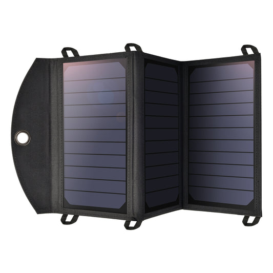 Portable 19W solar panel charger with dual USB output and fold-out panel