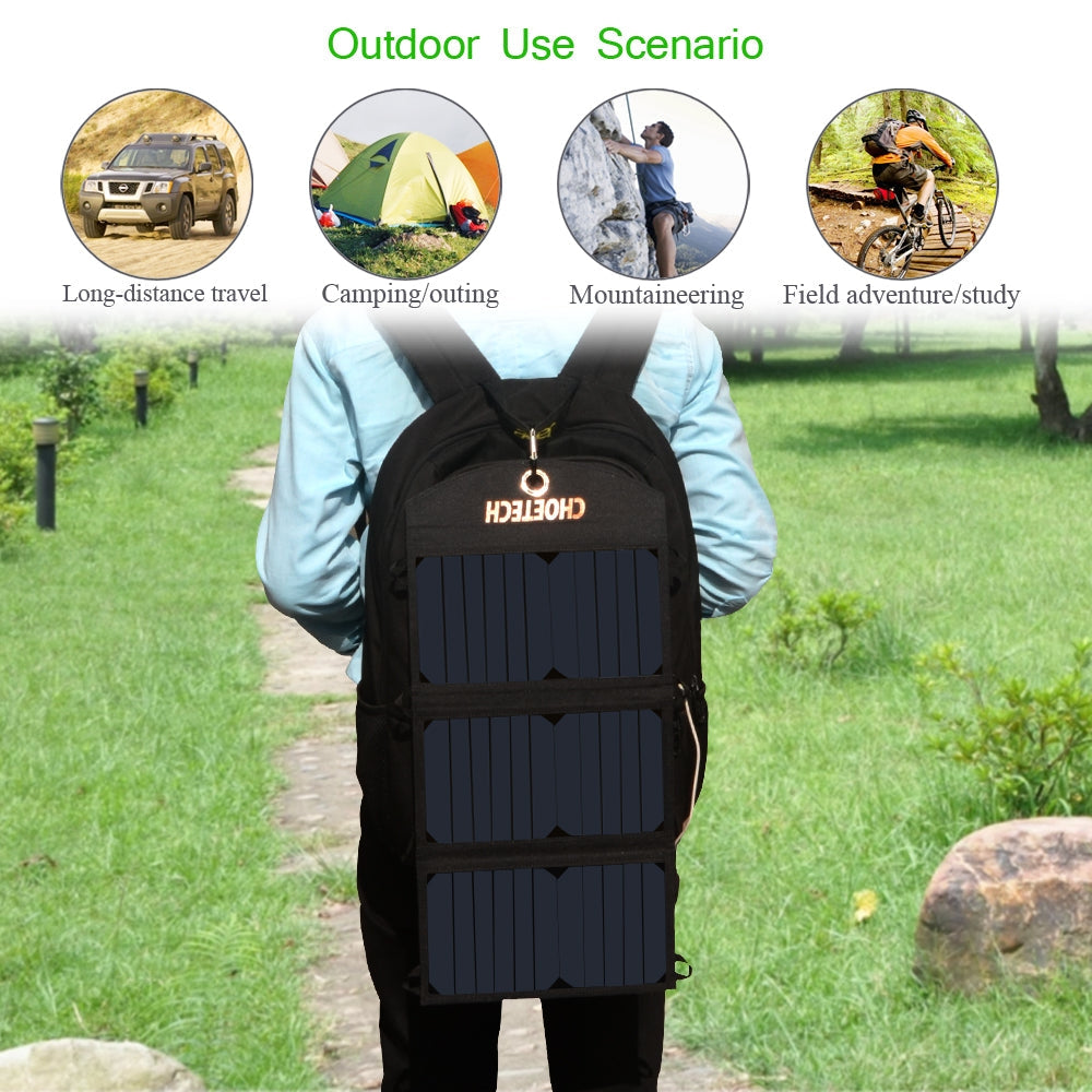 Portable 19W solar panel charger with dual USB output and fold-out panel