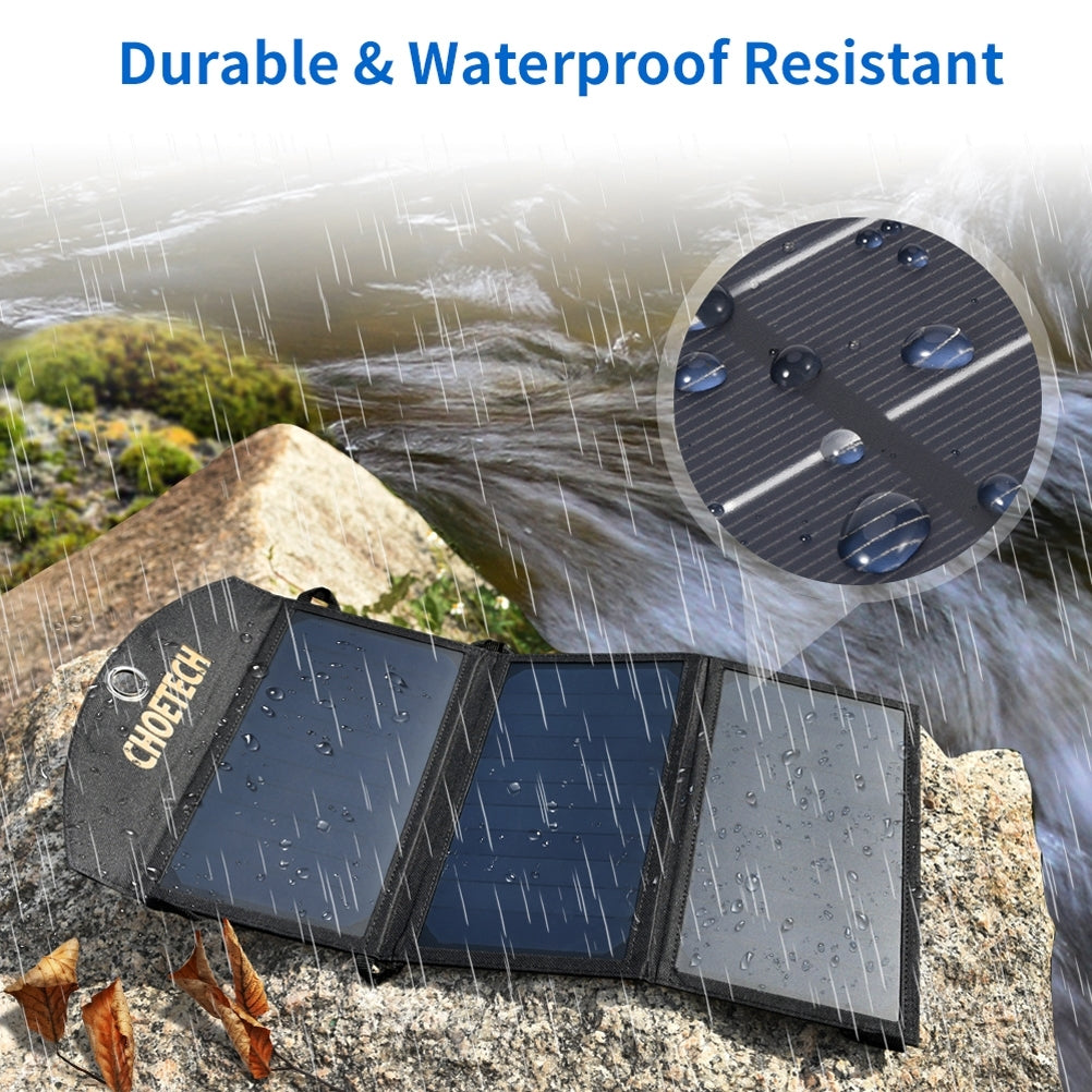 Portable 19W solar panel charger with dual USB output and fold-out panel
