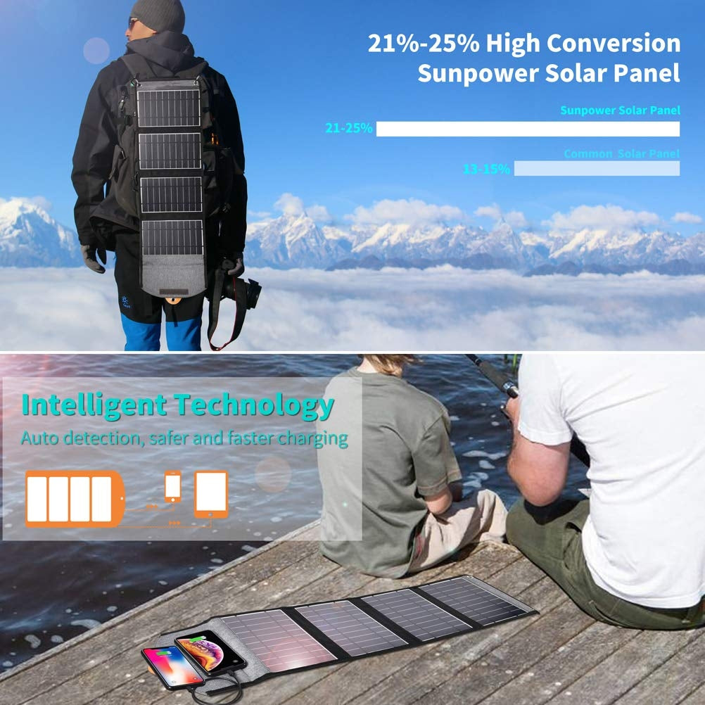 Foldable black solar panel charger with dual USB ports and carry holes