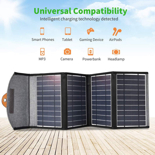 Foldable black solar panel charger with dual USB ports and carry holes
