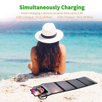 Foldable black solar panel charger with dual USB ports and carry holes