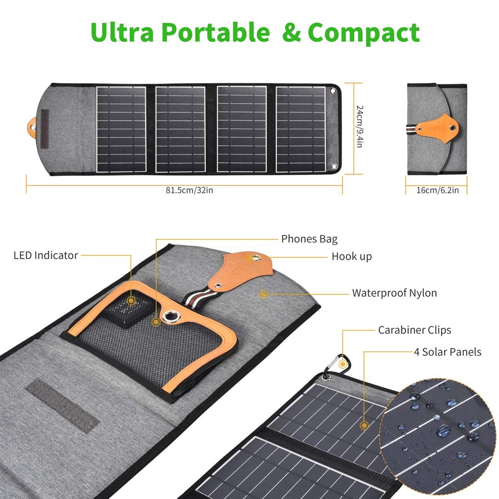 Foldable black solar panel charger with dual USB ports and carry holes
