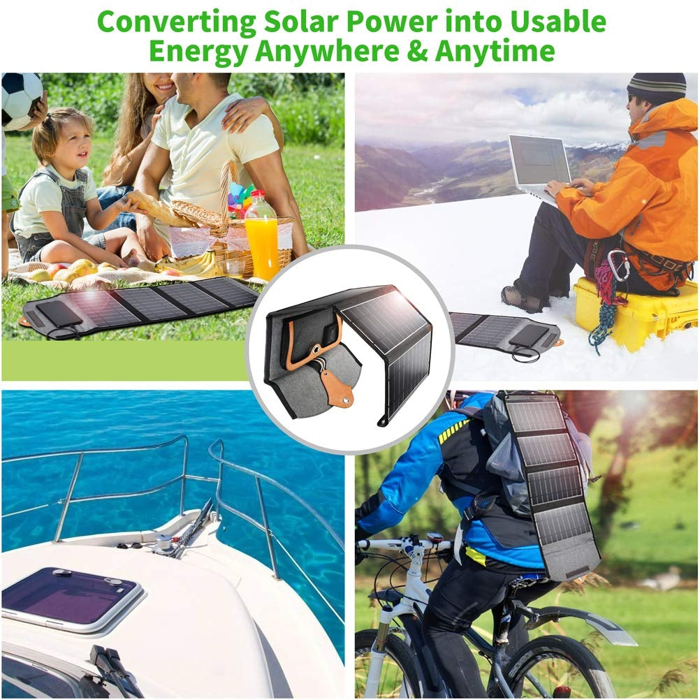 Foldable black solar panel charger with dual USB ports and carry holes