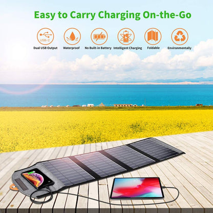Foldable black solar panel charger with dual USB ports and carry holes