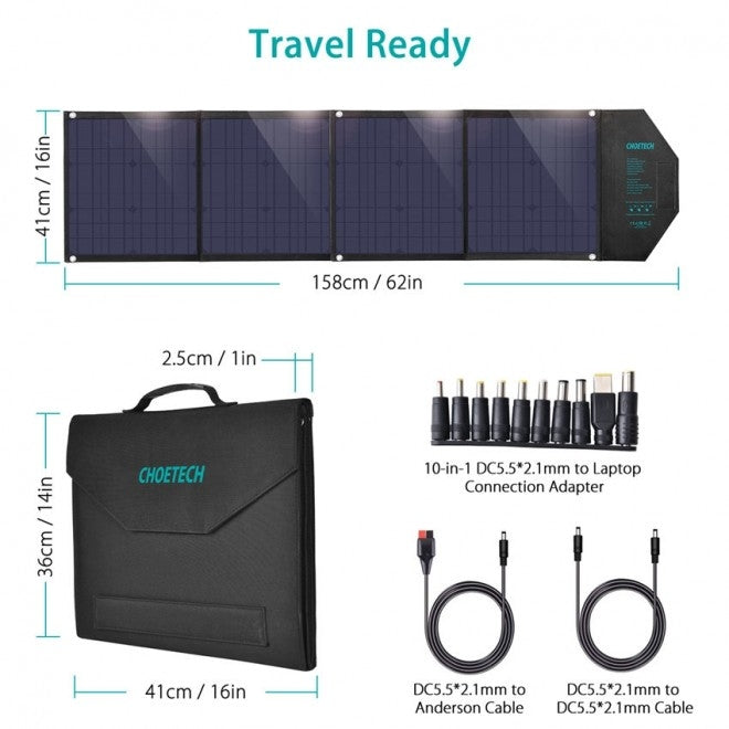 Folding CHOETECH 80W solar panel charger with carry handle and adjustable stands