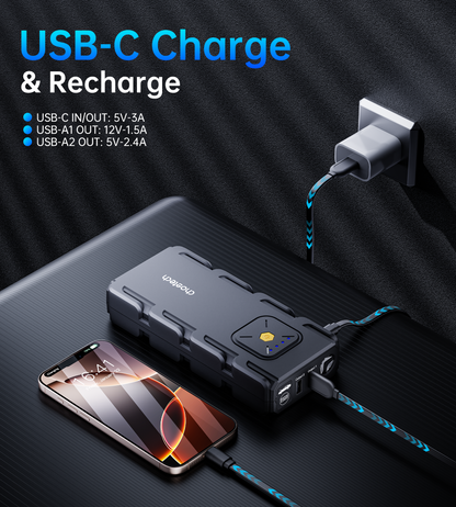 CHOETECH portable car jump starter with LED flashlight and charging ports