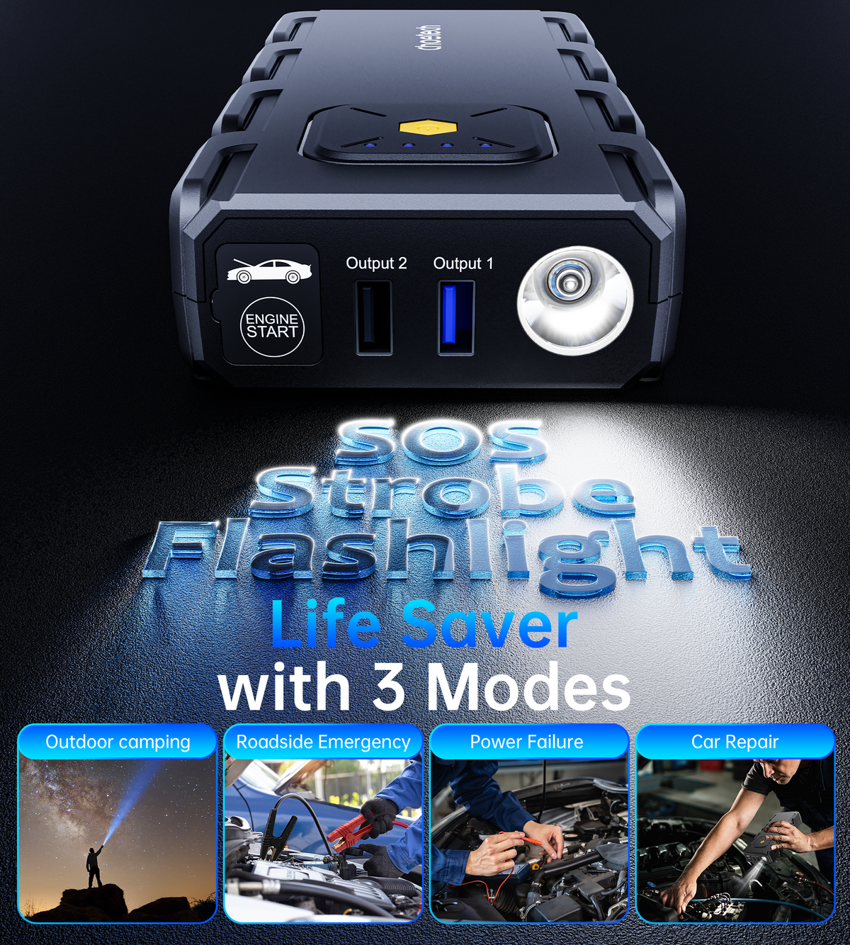 CHOETECH portable car jump starter with LED flashlight and charging ports