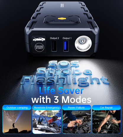 CHOETECH portable car jump starter with LED flashlight and charging ports