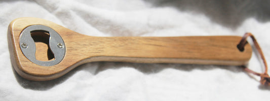 Pack of wooden spoon bottle openers with leather hang straps