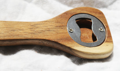 Pack of wooden spoon bottle openers with leather hang straps