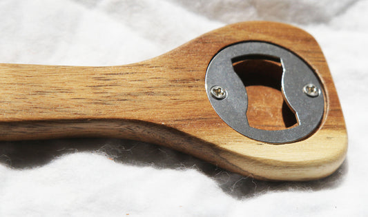 Pack of wooden spoon bottle openers with leather hang straps