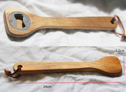 Pack of wooden spoon bottle openers with leather hang straps