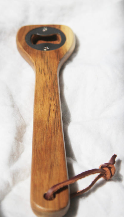 Pack of wooden spoon bottle openers with leather hang straps