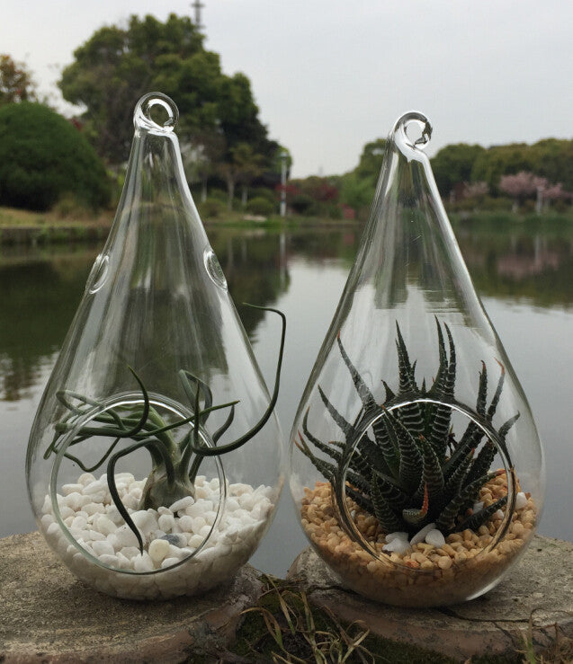 Clear glass teardrop tealight holders hanging at different heights