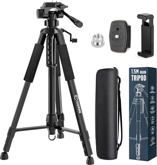 Black adjustable CIGMAN tripod with pan head, bubble level, phone holder and carry bag