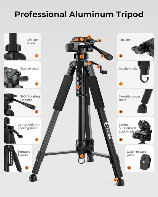 Black adjustable CIGMAN tripod with pan head, bubble level, phone holder and carry bag