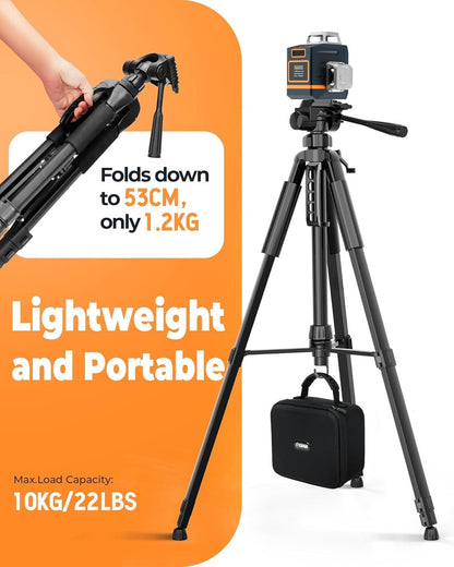 Black adjustable CIGMAN tripod with pan head, bubble level, phone holder and carry bag