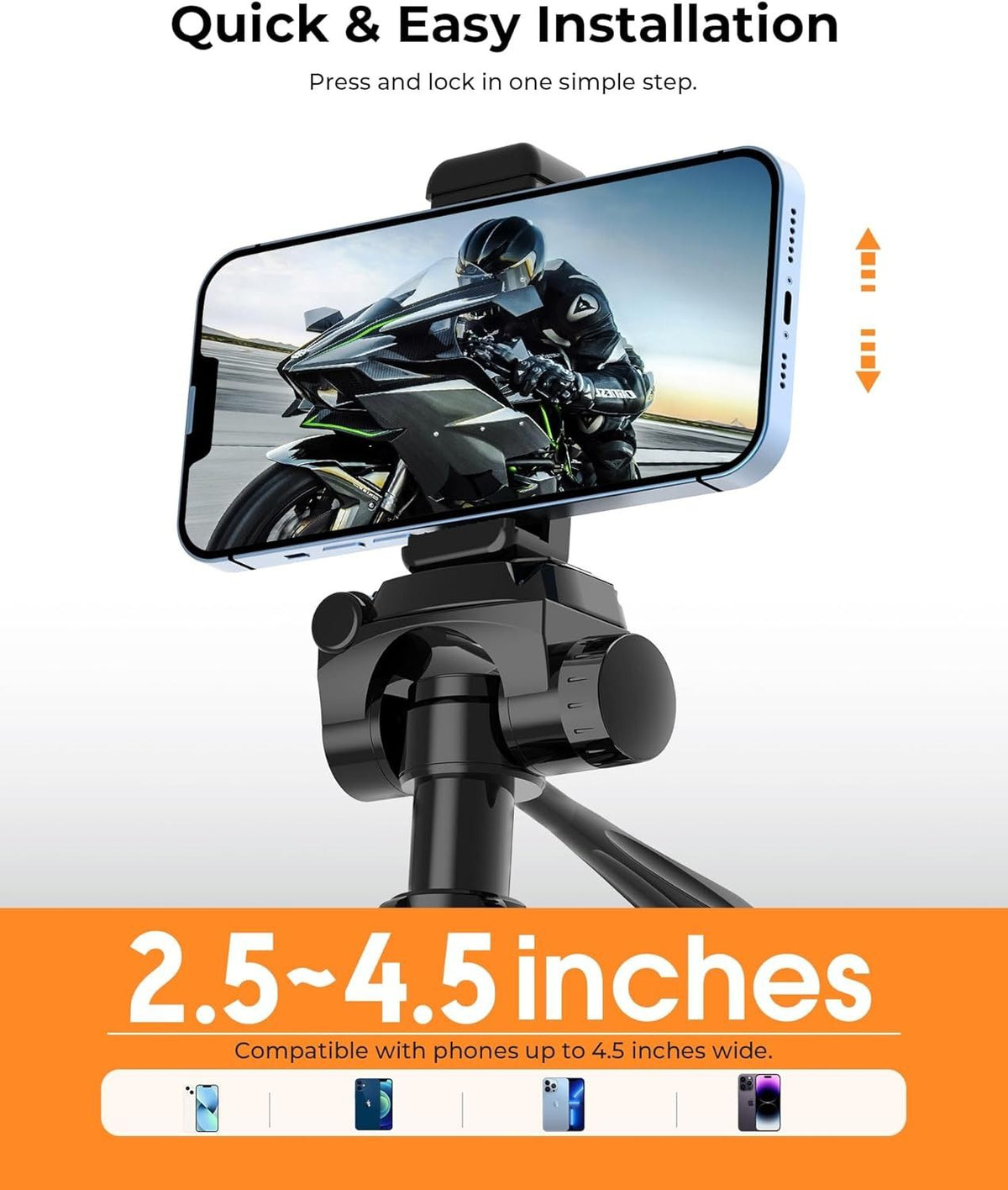 Black adjustable CIGMAN tripod with pan head, bubble level, phone holder and carry bag