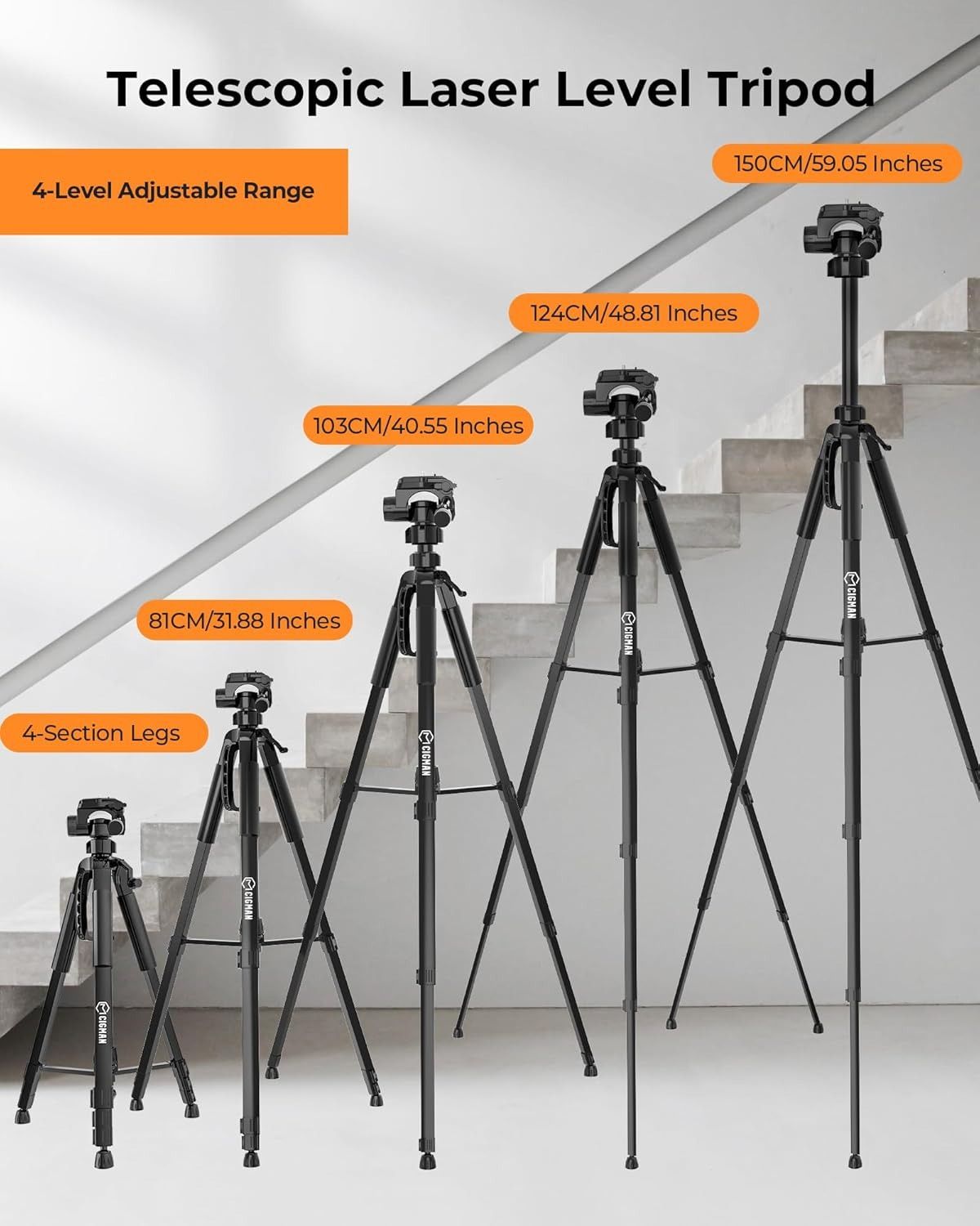 Black adjustable CIGMAN tripod with pan head, bubble level, phone holder and carry bag