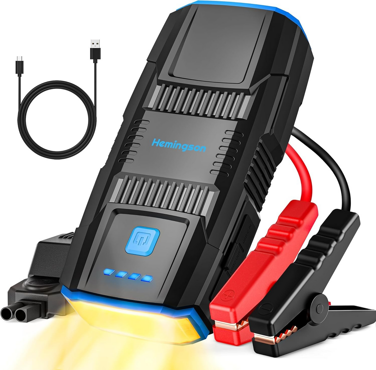 Compact car battery jump starter with LED light, USB ports and storage bag