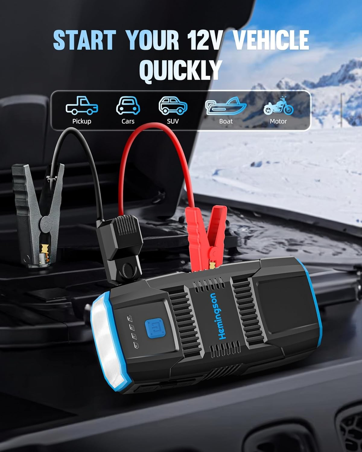 Compact car battery jump starter with LED light, USB ports and storage bag
