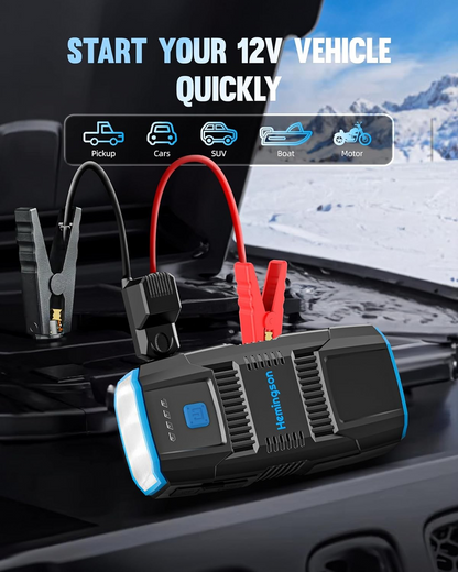 Compact car battery jump starter with LED light, USB ports and storage bag