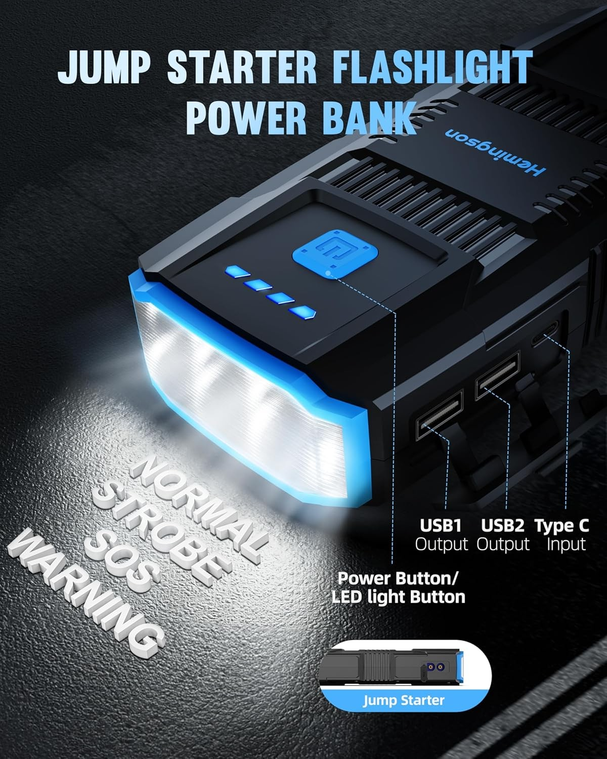 Compact car battery jump starter with LED light, USB ports and storage bag