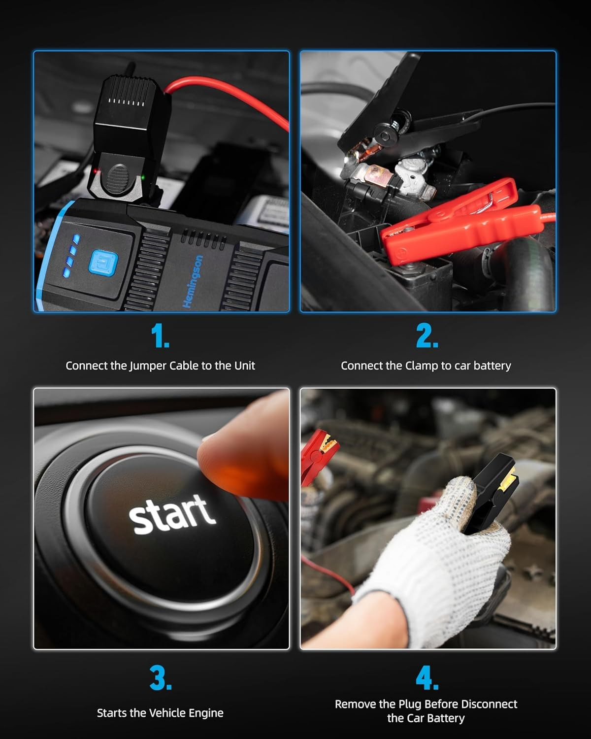 Compact car battery jump starter with LED light, USB ports and storage bag