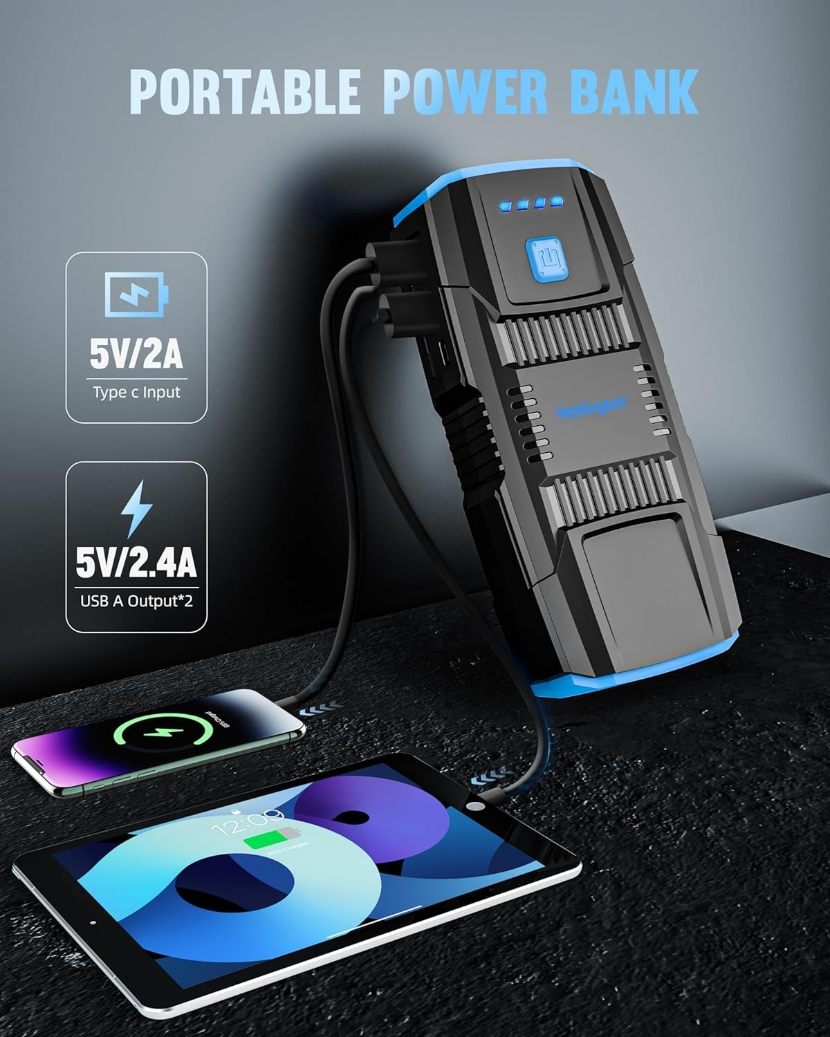 Compact car battery jump starter with LED light, USB ports and storage bag