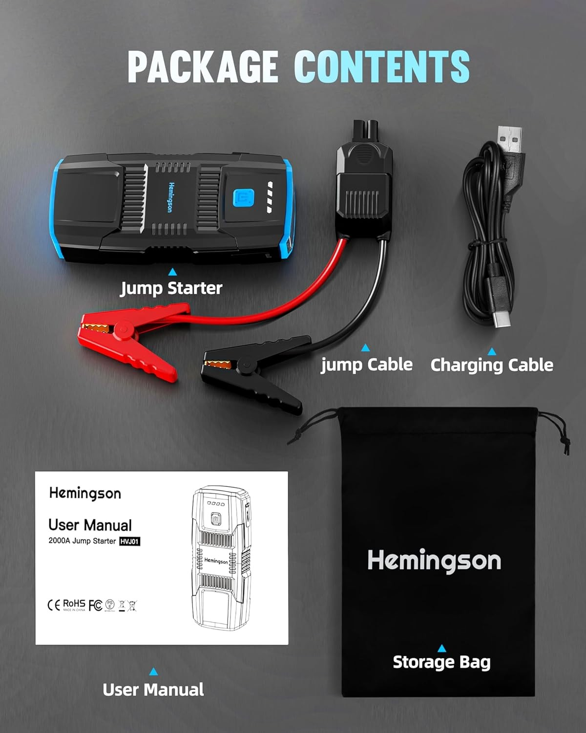 Compact car battery jump starter with LED light, USB ports and storage bag