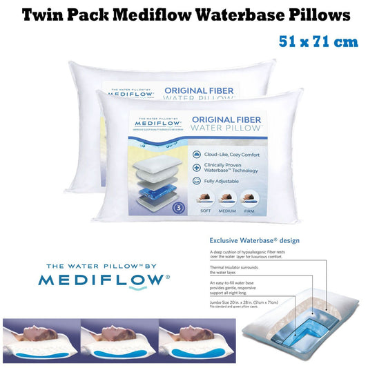 Two white Mediflow adjustable waterbase pillows with cotton covers