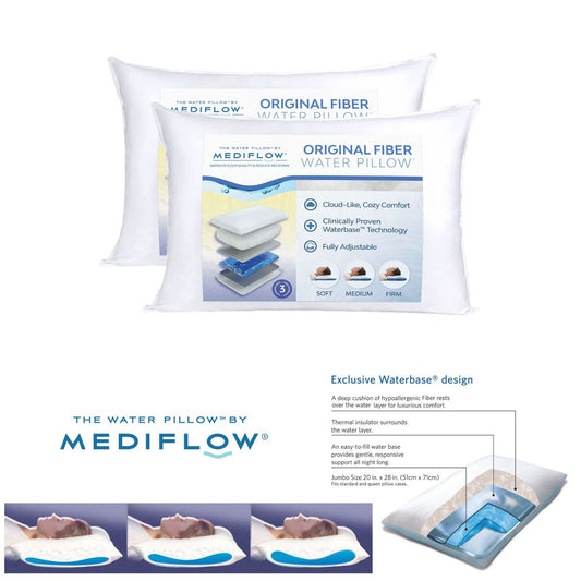 Two white Mediflow adjustable waterbase pillows with cotton covers