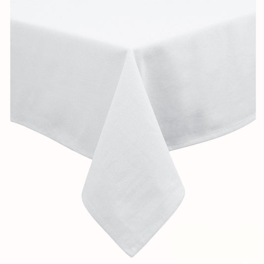 Bright white Hoydu cotton blend table cloth laid flat on a dining table
