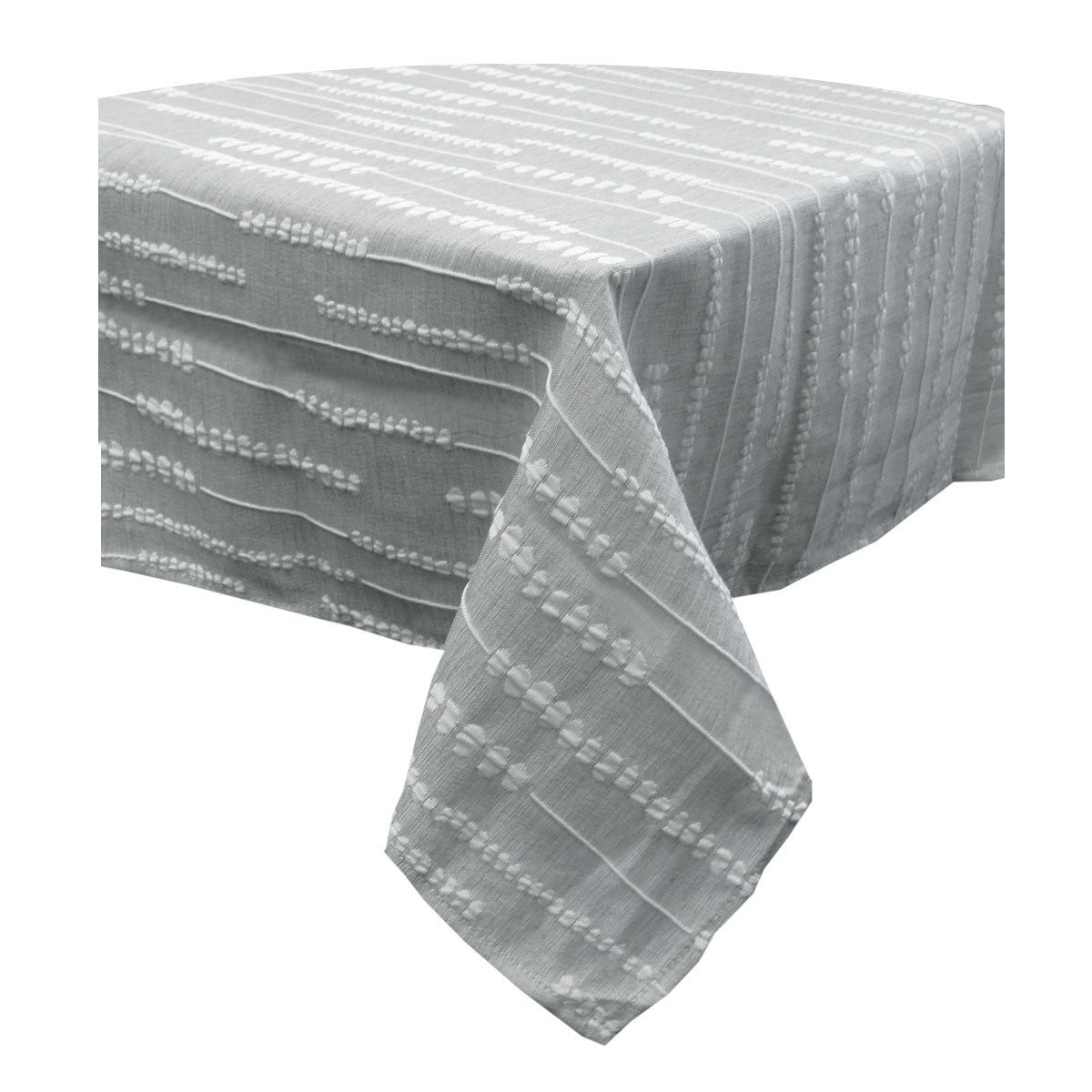Grey and white jacquard polyester tablecloth laid over a rectangular dining table