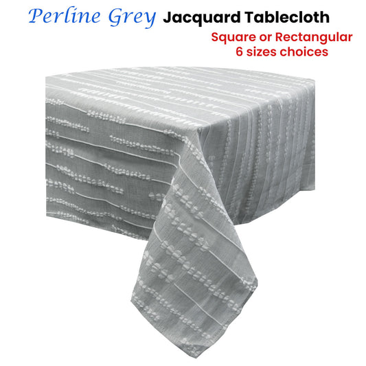 Grey and white jacquard polyester tablecloth laid over a rectangular dining table