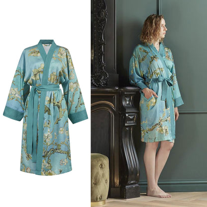 Blue kimono bath robe with Van Gogh Almond Blossoms print