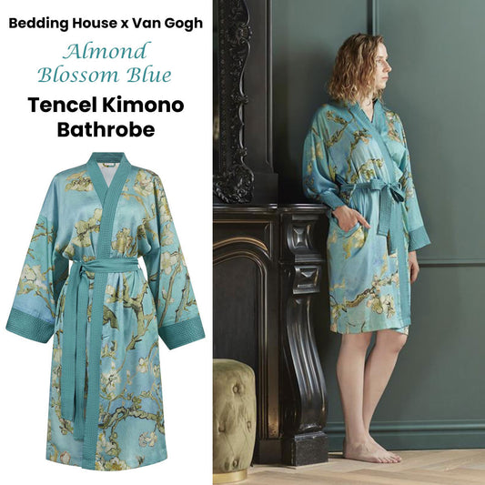 Blue kimono bath robe with Van Gogh Almond Blossoms print