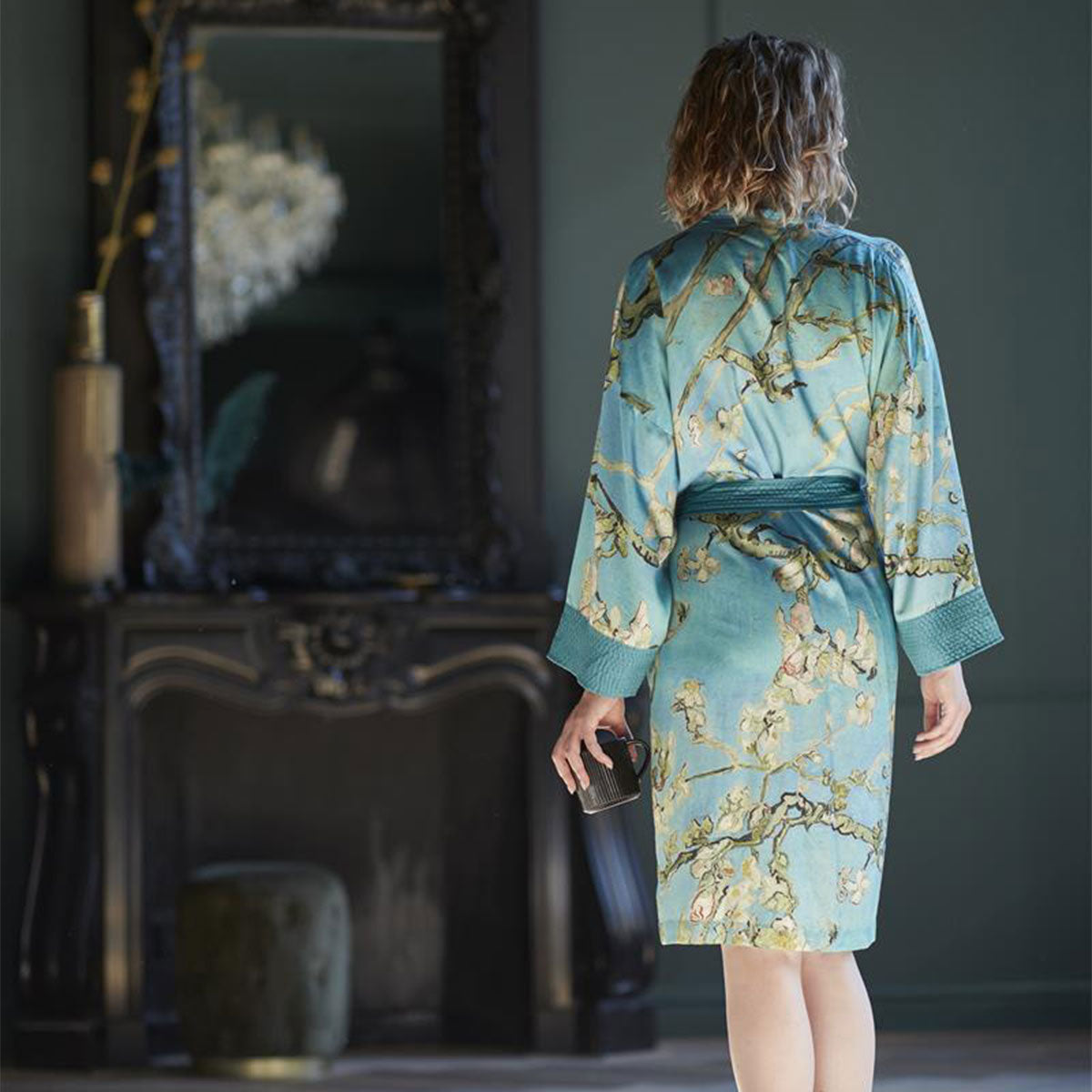 Blue kimono bath robe with Van Gogh Almond Blossoms print